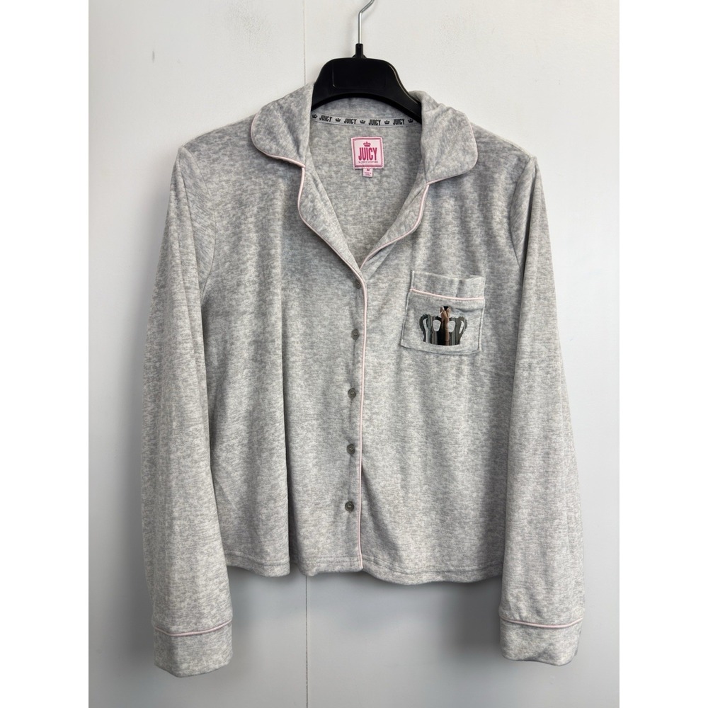 Juicy Couture Pajama Top Womens M Gray Velour Shirt Sleepwear Button Up Crown